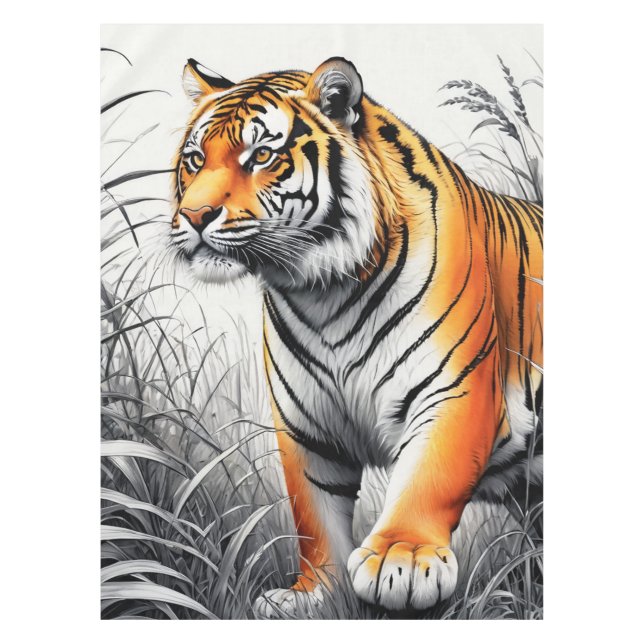Tiger Art Colour Partial Black White Drawing Tablecloth (Front)