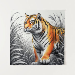 Tiger Art Colour Partial Black White Drawing Tapestry
