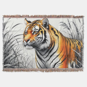 Tiger Art Colour Partial Black White Drawing Throw Blanket