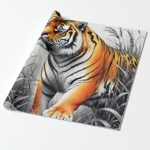 Tiger Art Colour Partial Black White Drawing Wrapping Paper