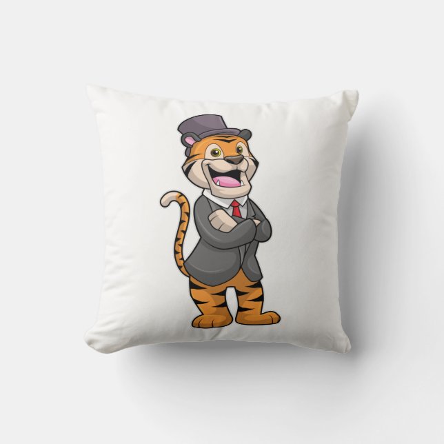 Tiger as Groom with Jacket & Hat Throw Pillow (Front)