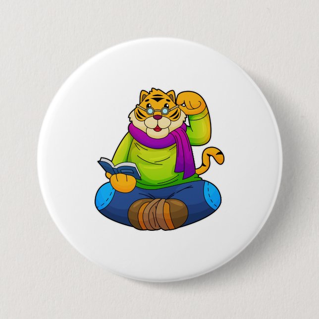 Tiger as Nerd with Book 3 Inch Round Button (Front)