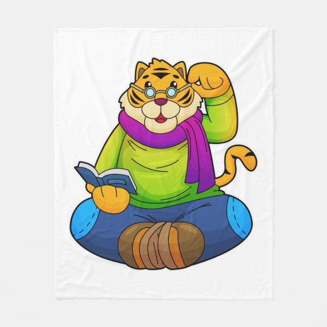 Tiger as Nerd with Book Fleece Blanket (Front)