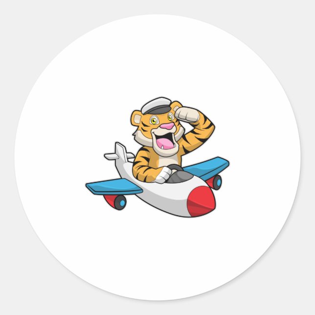 Tiger as Pilot in Plane Classic Round Sticker (Front)