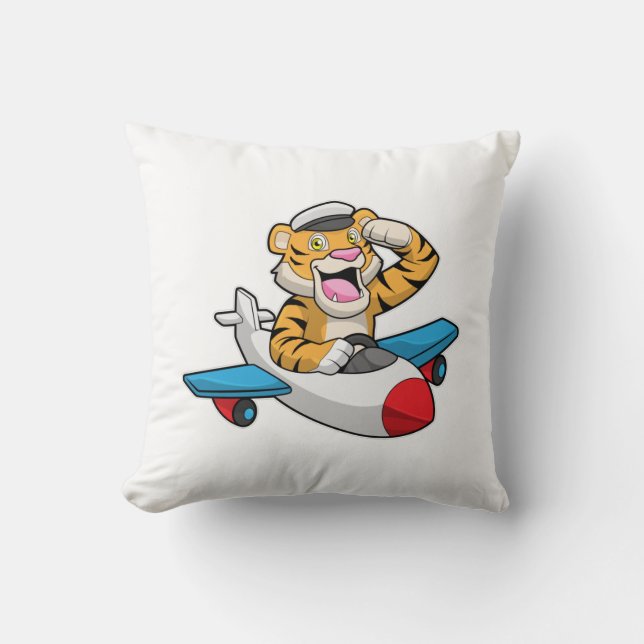 Tiger as Pilot in Plane Throw Pillow (Front)