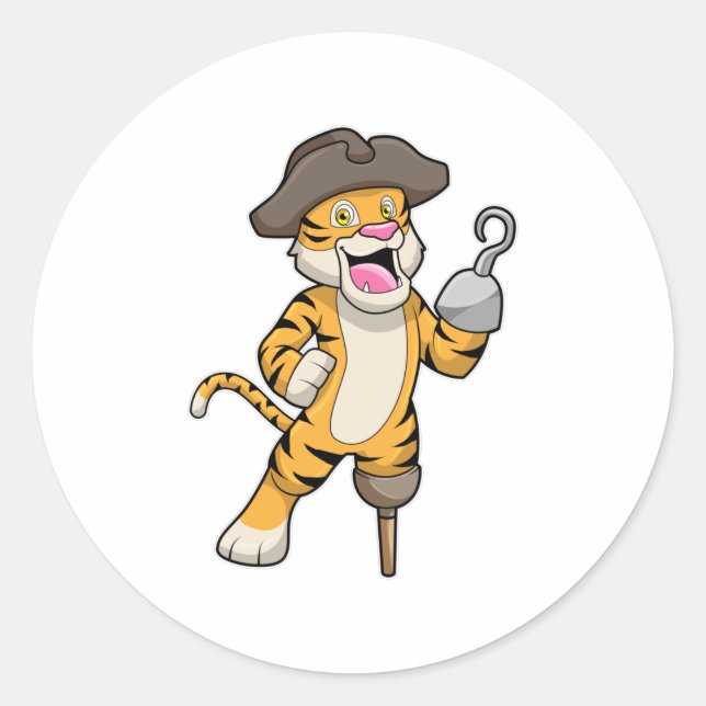 Tiger as Pirate with Wooden leg & Hooked hand Classic Round Sticker (Front)