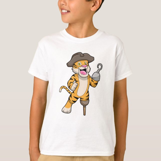 Tiger as Pirate with Wooden leg & Hooked hand T-Shirt (Front)