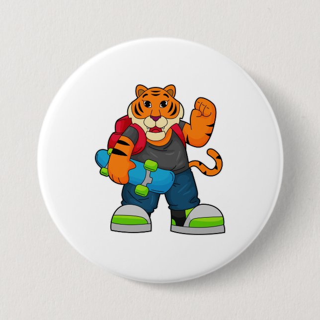 Tiger as Skater with Skateboard 3 Inch Round Button (Front)