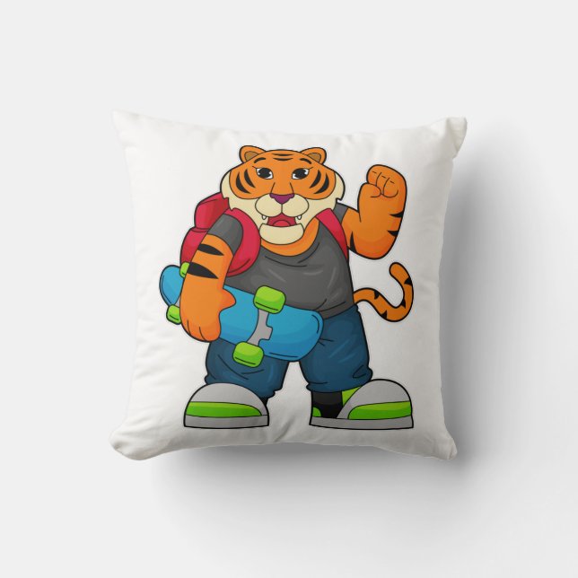 Tiger as Skater with Skateboard Throw Pillow (Front)