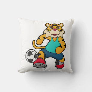Tiger as Soccer player with Soccer ball Throw Pillow