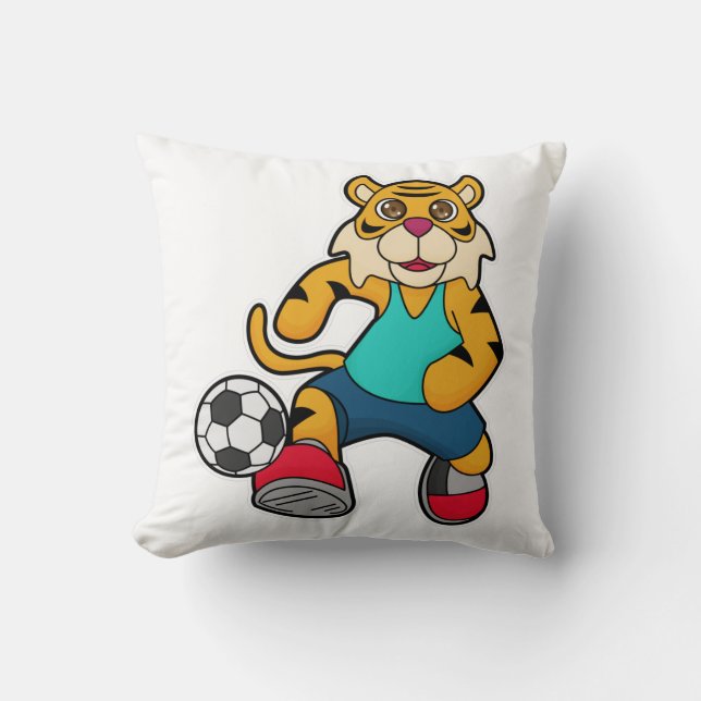 Tiger as Soccer player with Soccer ball Throw Pillow (Front)