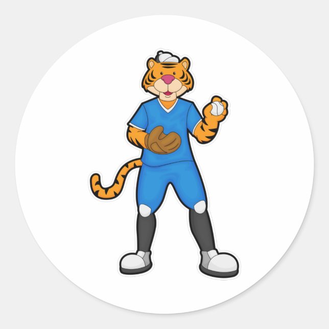 Tiger at Baseball with Baseball glove & Cap Classic Round Sticker (Front)