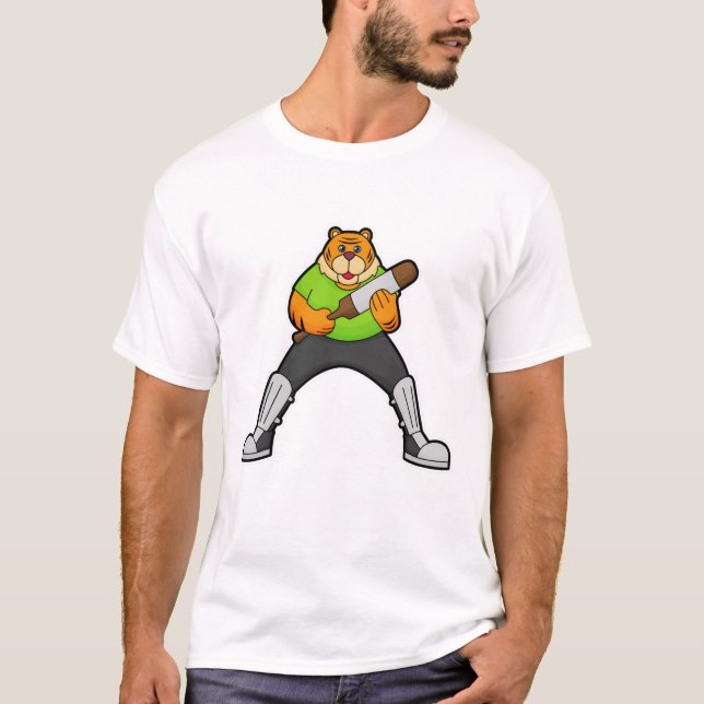 Tiger at Cricket with Cricket bat T-Shirt (Front)