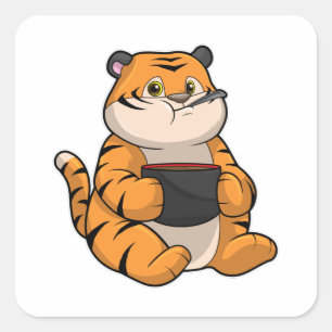 Tiger at Eating with Bowl Square Sticker