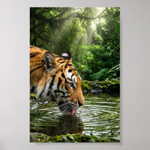 Tiger at Jungle Pool Wildlife Matte Wall Poster