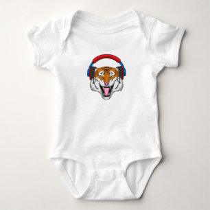 Tiger at Music with Headphone Baby Bodysuit