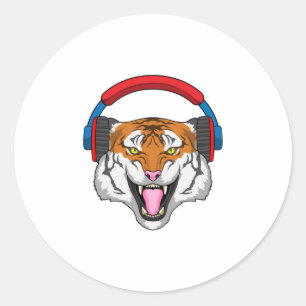 Tiger at Music with Headphone Classic Round Sticker