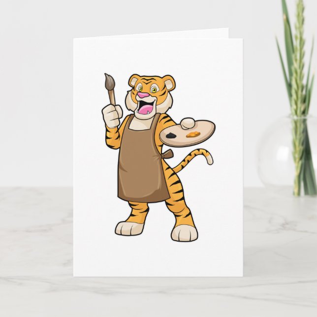 Tiger at Painting with Paint & Brush Card (Front)