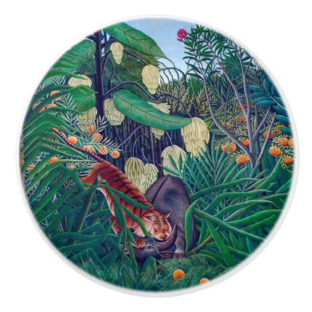 Tiger Attacking Buffalo in Exotic Tropical Jungle Ceramic Knob (Front)