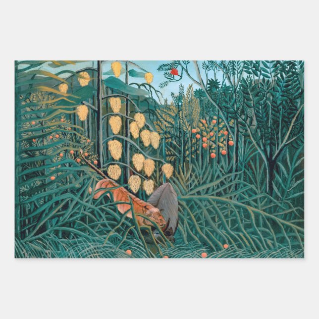 Tiger Attacking Bull in Exotic Tropical Jungle Wrapping Paper Sheet (Front)