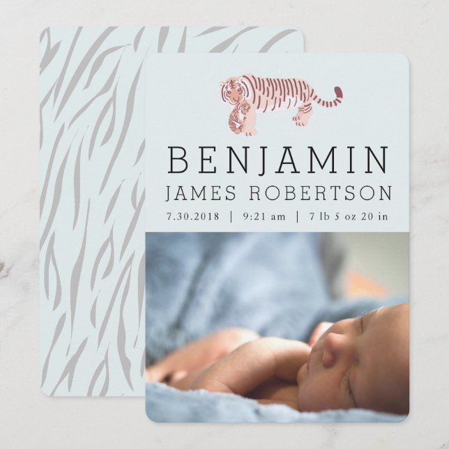 Tiger Baby Boy Blue Birth Announcement Card (Front/Back)