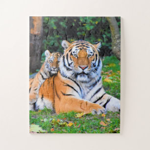 Tiger & Baby Posing Beautifully in Grass Together Jigsaw Puzzle