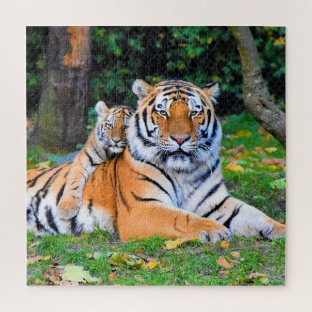 Tiger & Baby Posing Beautifully in Grass Together Jigsaw Puzzle (Vertical)