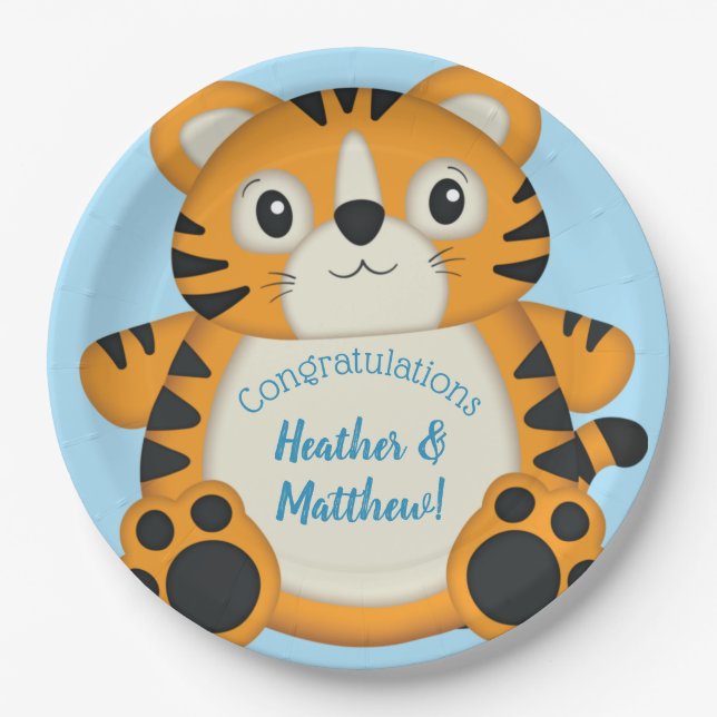 Tiger Baby Shower Blue Paper Plate (Front)