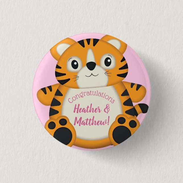 Tiger Baby Shower Safari Pink Girl 1 Inch Round Button (Front)