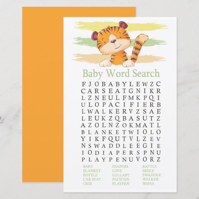 Tiger Baby Shower Word Search Game (Front/Back)