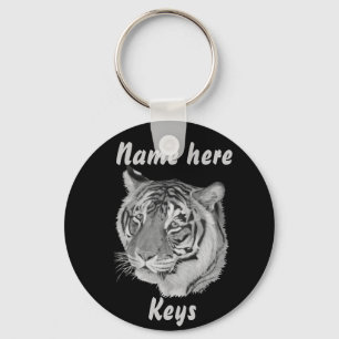 tiger big cat realist portrait painting monochrome keychain