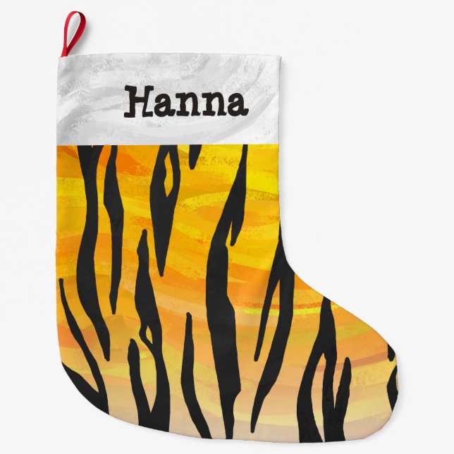 Tiger Black and Orange Print Large Christmas Stocking (Front)