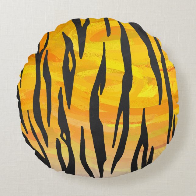 Tiger Black and Orange Print Round Pillow (Front)