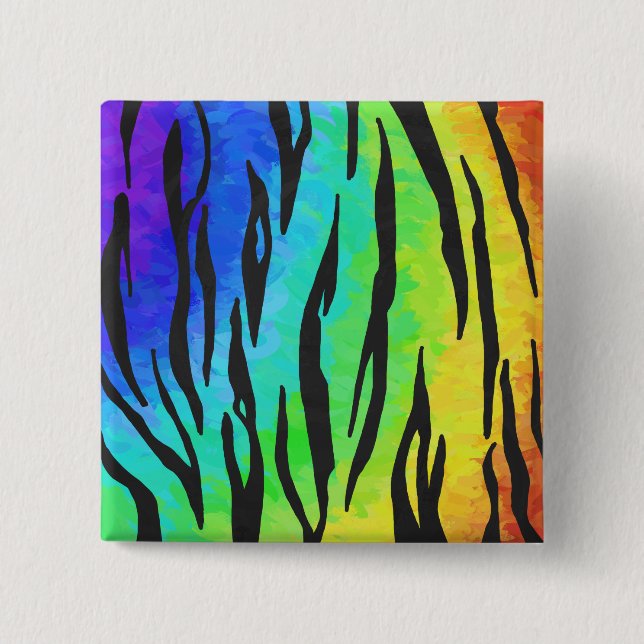 Tiger Black and Rainbow Print 2 Inch Square Button (Front)