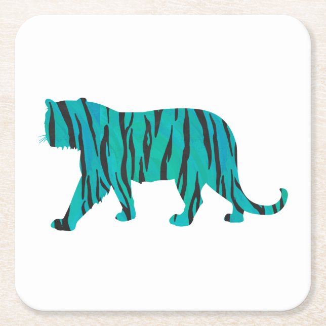 Tiger Black and Teal Silhouettes Square Paper Coaster (Front)