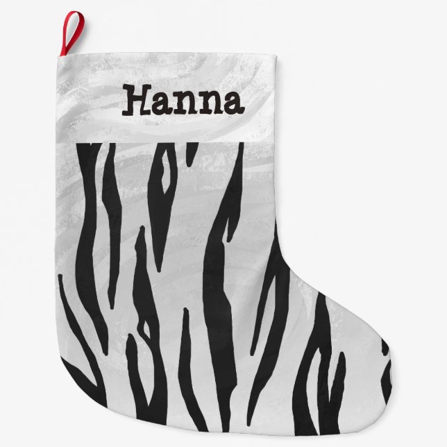 Tiger Black and White Print Large Christmas Stocking (Front)