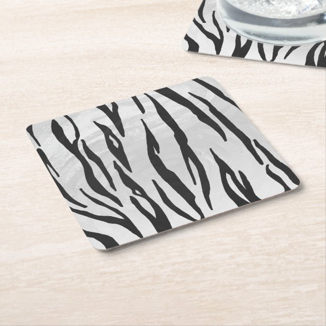Tiger Black and White Print Square Paper Coaster (Angled)