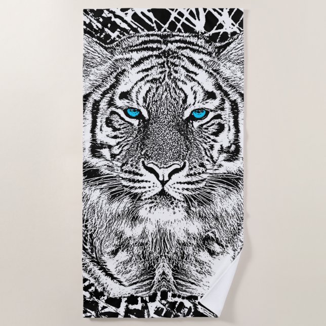 Tiger Blue Eyes Decor on a Beach Towel (Front)
