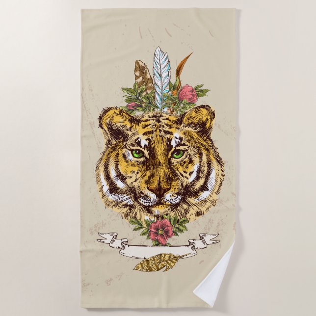 Tiger Boho Style Portrait Beach Towel (Front)