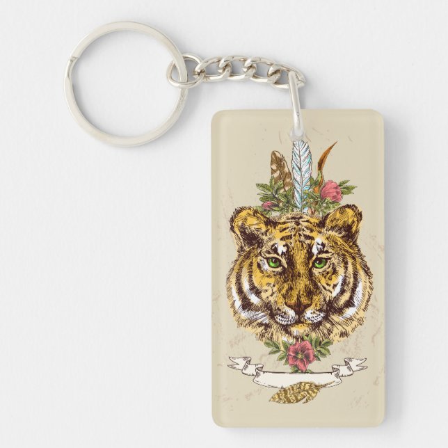 Tiger Boho Style Portrait Keychain (Front)