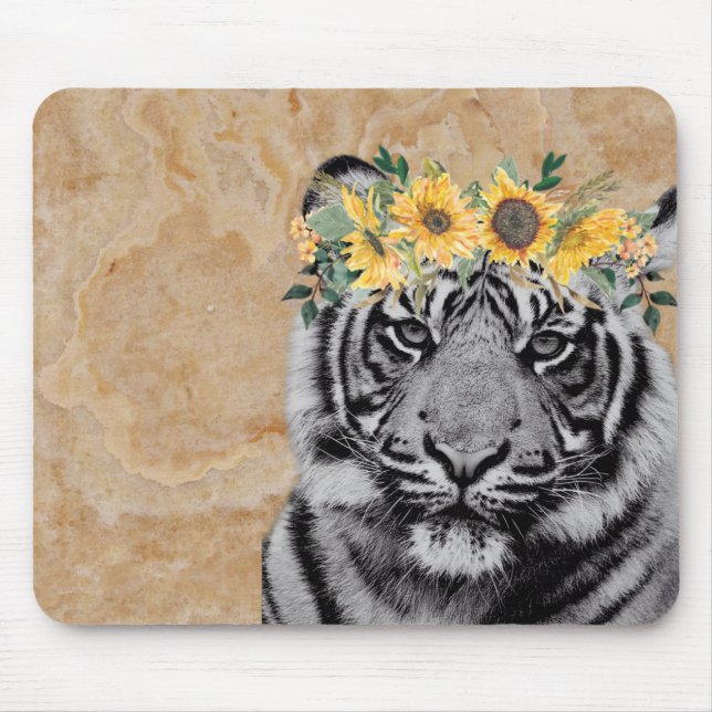 Tiger Cat Animal Sunflowers Boho Art Colourful Mouse Pad (Front)