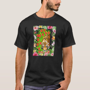 Tiger Cat in Tropical Floral Frame T-Shirt