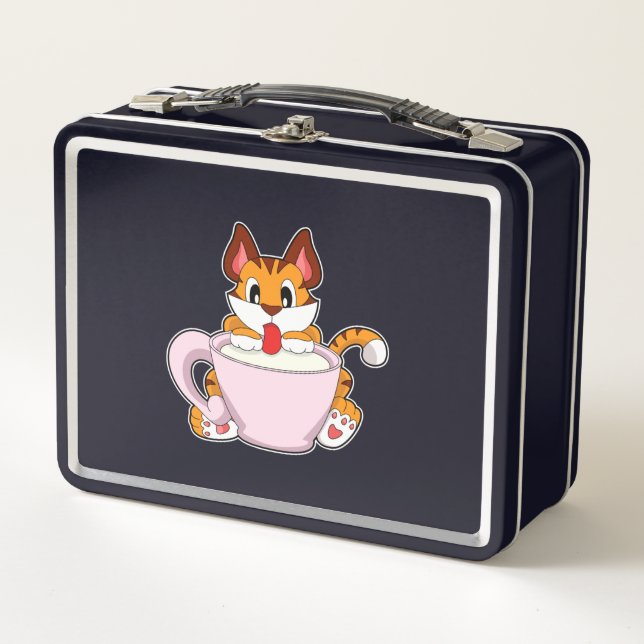 Tiger cat with Cup of Milk.PNG Metal Lunch Box (Front)