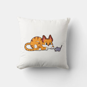 Tiger cat with Mouse Throw Pillow