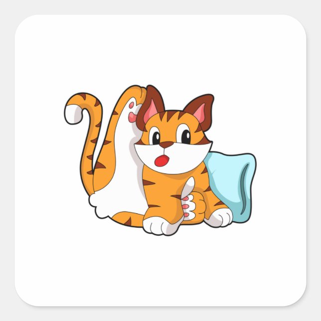 Tiger cat with Pillow Square Sticker (Front)
