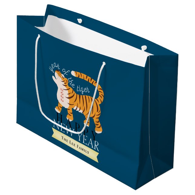Tiger Chinese New Year 2022 Navy Holiday Large Gift Bag (Front Angled)