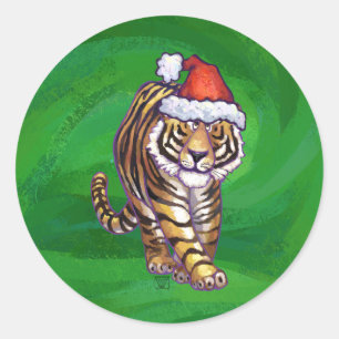 Tiger Christmas On Green Classic Round Sticker