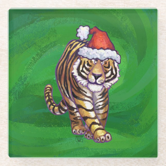Tiger Christmas On Green Glass Coaster (Front)