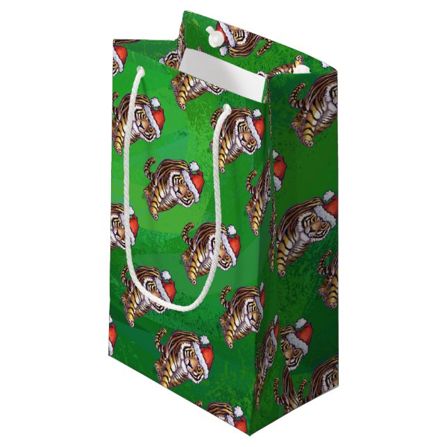 Tiger Christmas On Green Small Gift Bag (Front Angled)