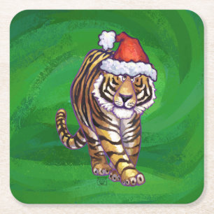 Tiger Christmas On Green Square Paper Coaster
